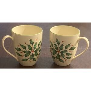 Lenox Holiday Holly‎ Berry Coffee Mugs Set of 2 Ivory Green Trim Christmas Cocoa